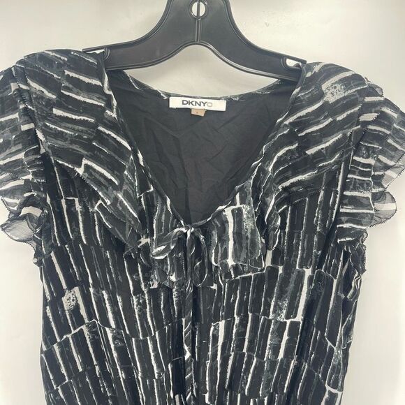 DKNY DKNYC A Line Dress Silk Printed Short Sleeve Key Hole Neck Black Small - Picture 3 of 15